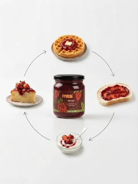 Pote de Frutaí cercado de waffle, torrada, iogurte e bolo