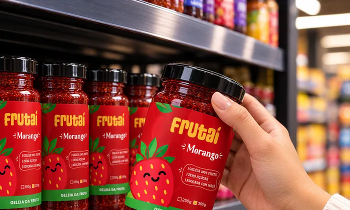 Mão pegando um pote de Frutaí Morango na prateleira do mercado